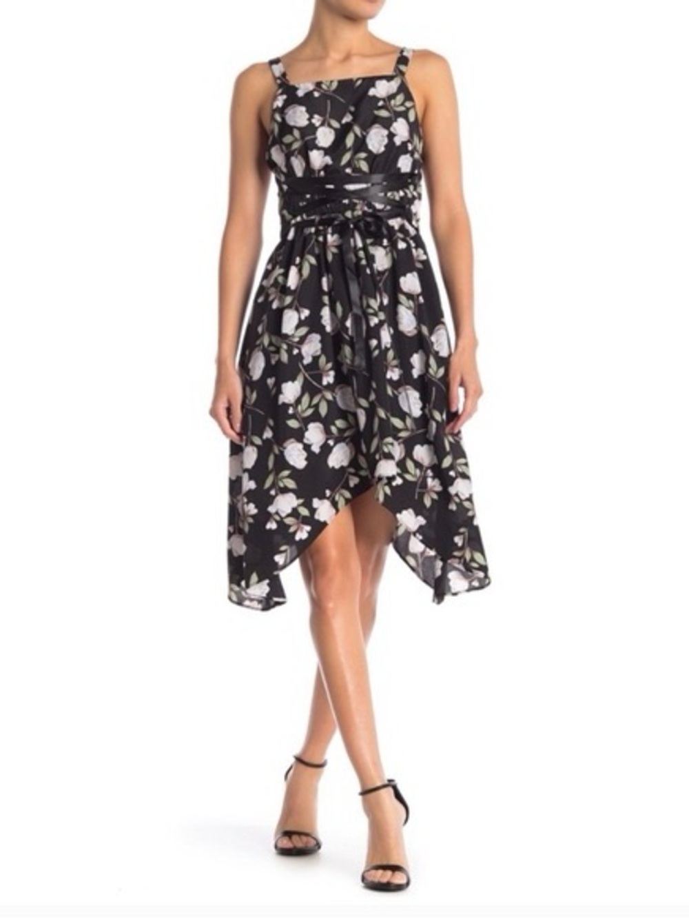 J.O.A. Black Floral High-Low Sleeveless Dress with Waist Tie